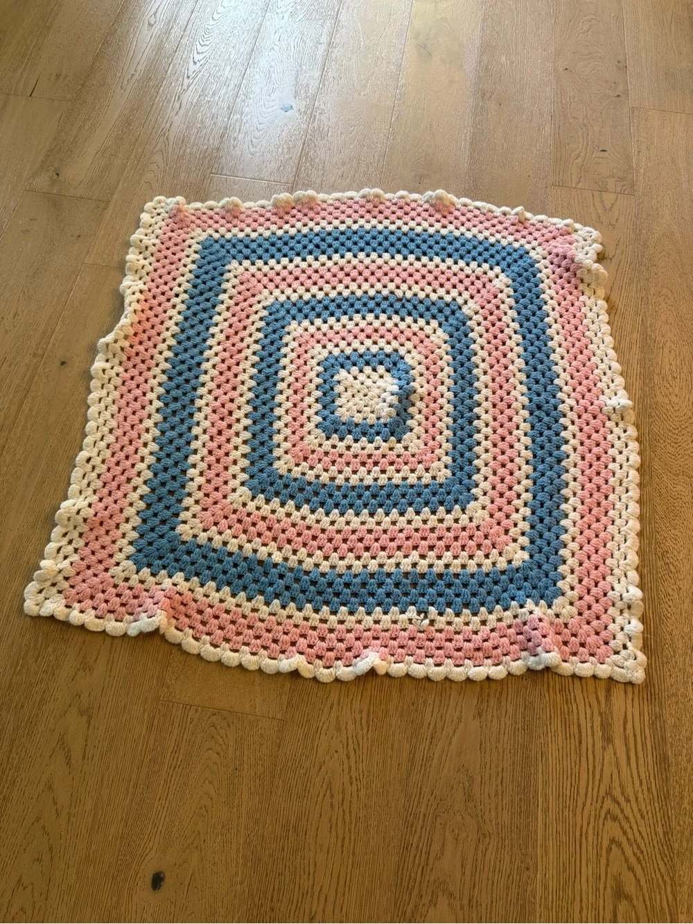 Handmade Crochet Granny Square Blanket - Pink, Blue & White